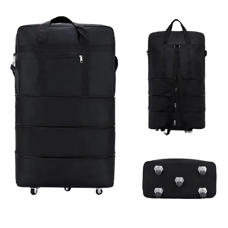 Black travel bag with wheels, folded, and compacted on a white background