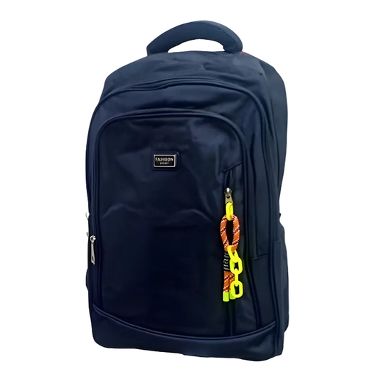 Navy blue backpack with a keychain on a white background