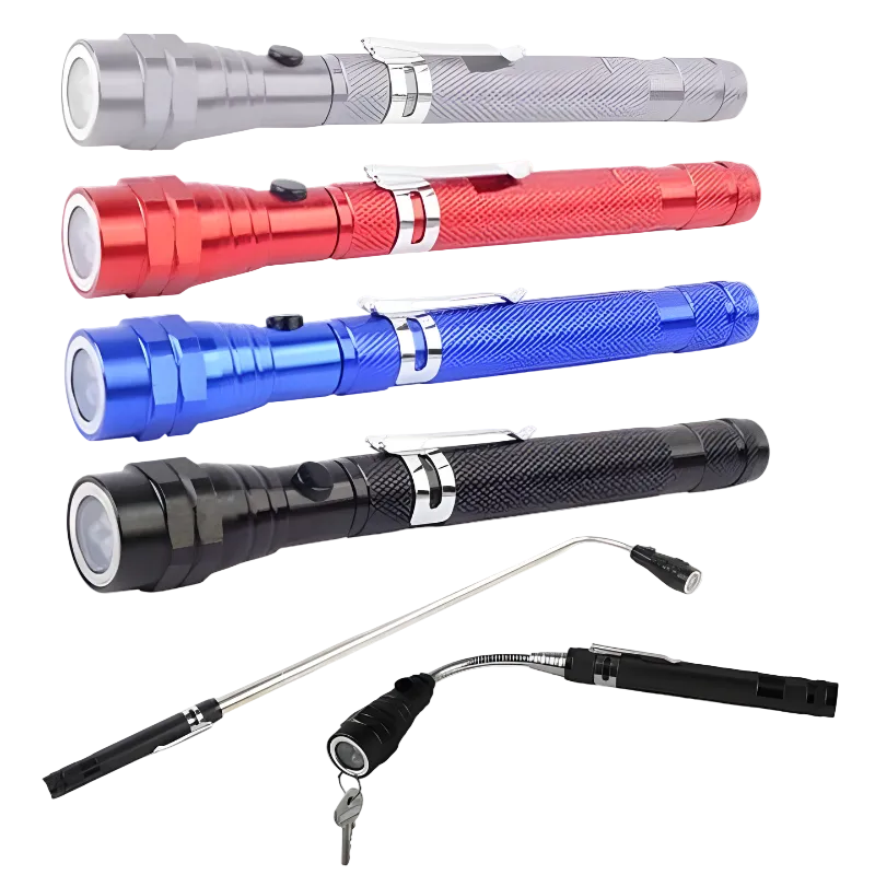 Four flashlights in different colors on a white background