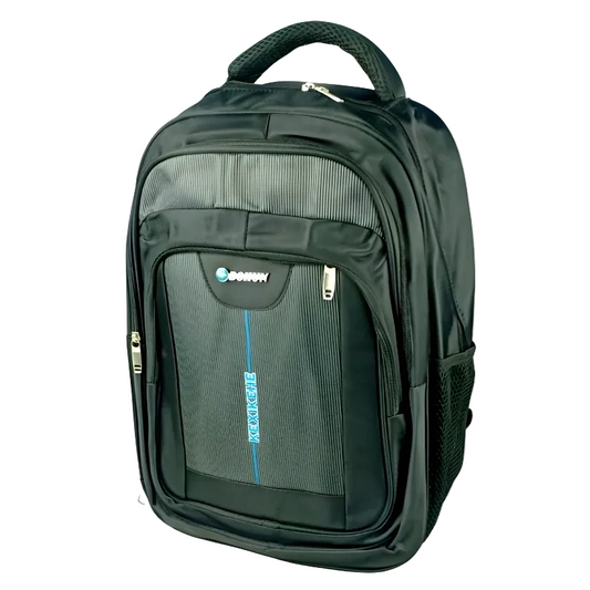 Green backpack with a visible brand logo on a white background