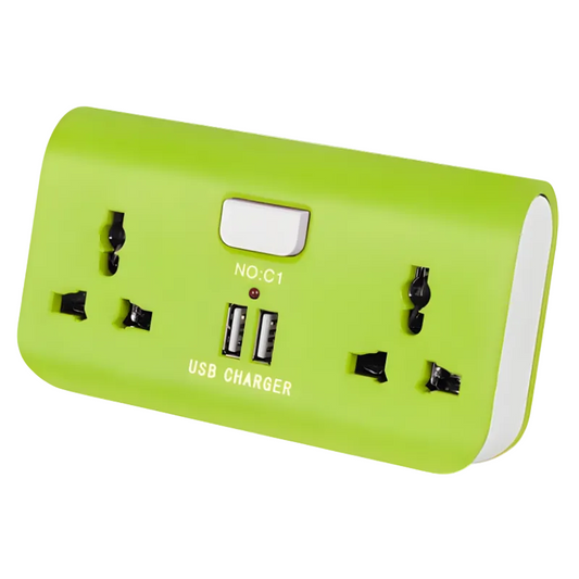 Green power strip with multiple sockets and USB ports on a white background